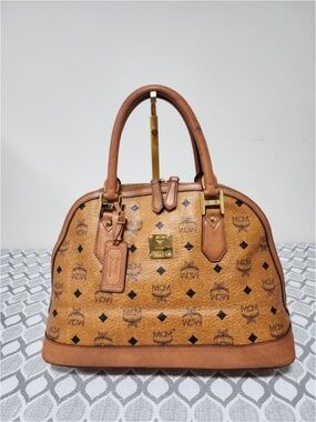 Authentic MCM Visetos Large Heritage Bowler Bag Cognac